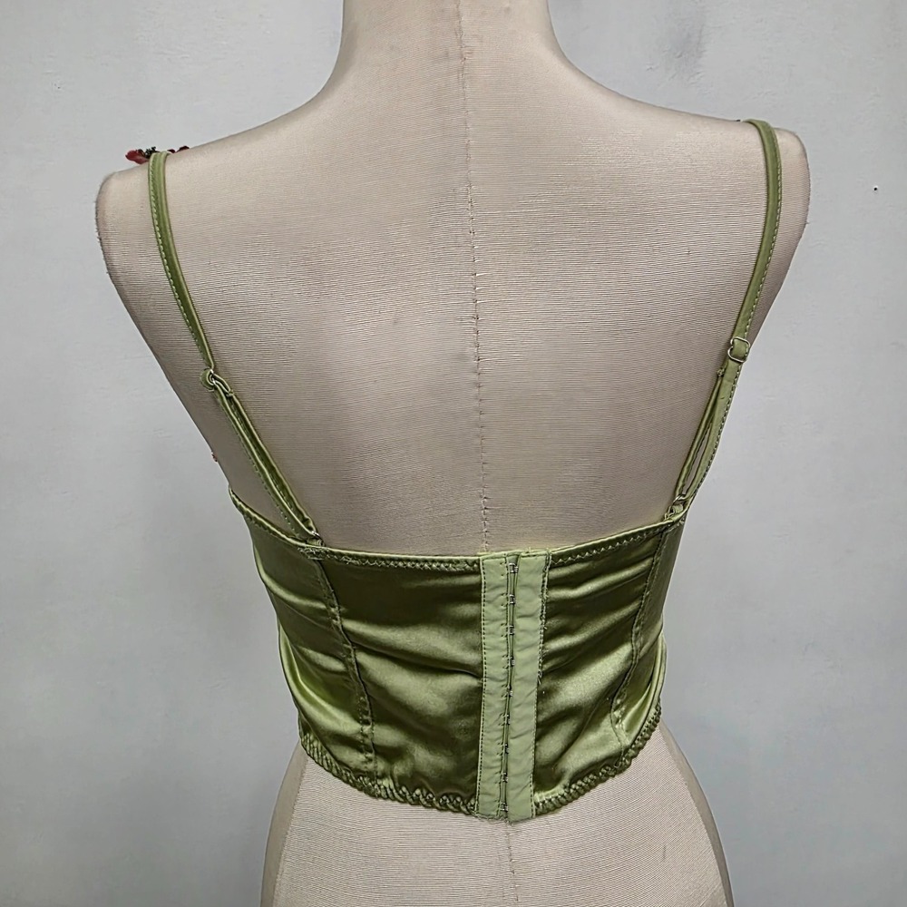Fashion Nova Green Embroidered Corset Top S Satin Fairy Festival Rave Floral - Picture 4 of 12